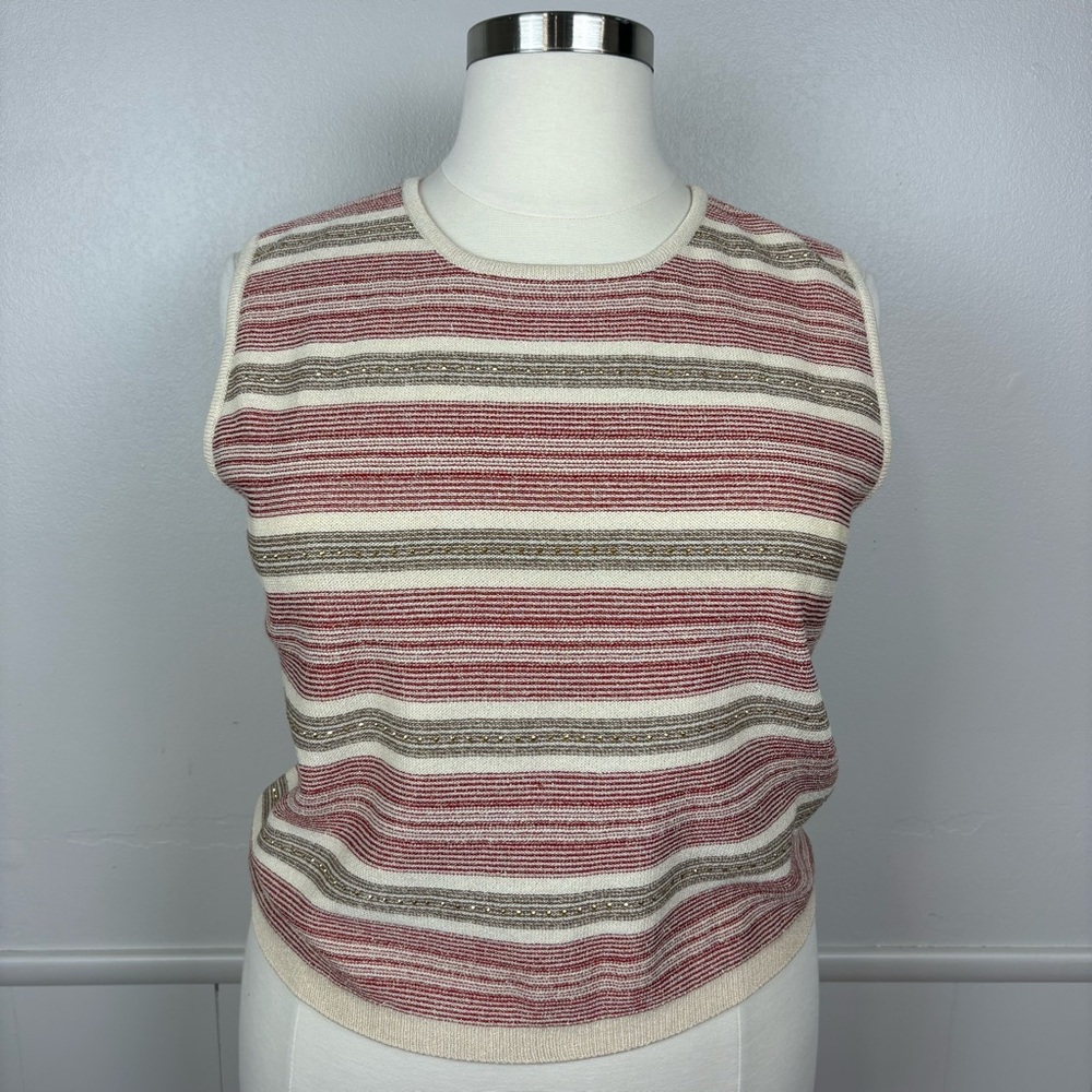 St. John Sport Marie Gray Tank Size XL Vintage Santana Knit Stripe Gold Accent